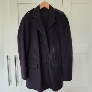 The Kooples Dark Purple Wool and Leather Double-Breasted Coat Peacoat